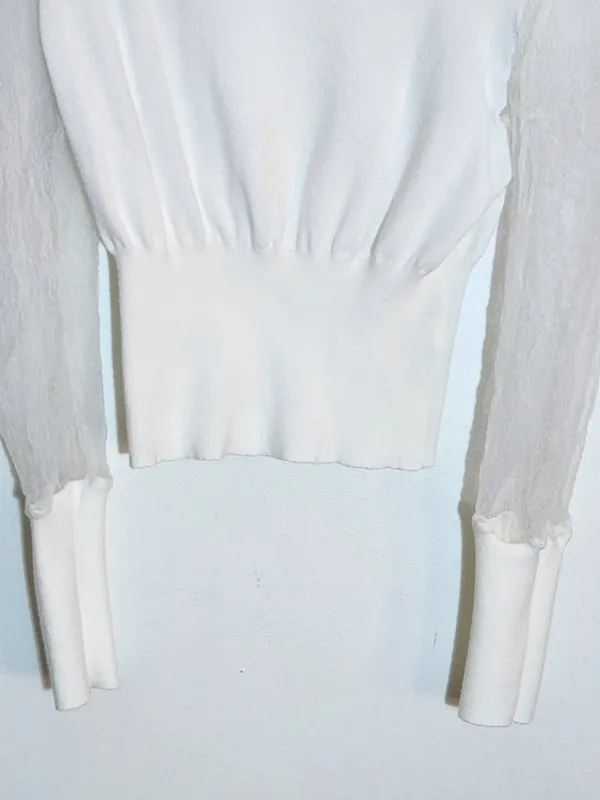 Idem Ditto White Cropped Sweater with Sheer Sleeves Size Medium Flaw - Image 3