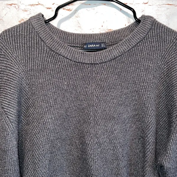 Zara knit crew neck semi cropped sweater pullover grey long sleeve L ribbed - Image 2