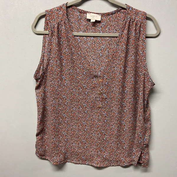 LOFT Women Sleeveless Blouse Orange Blue Ditsy Floral Split Neck Top Size Medium - Image 2
