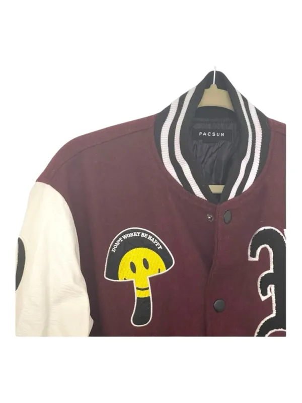 PacSun ࿊ DFW Varsity Patchwork Faux Leather Jacket ࿊ Burgundy ࿊ Men S ࿊ Women M - Image 5