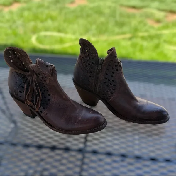 Shyanne Fuji Brown Leather Laser Cut Western Ankle Booties Womens Size 7 M - Image 2