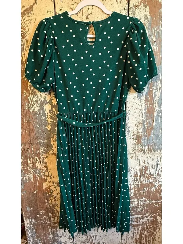 Lark + Grey Green White Polka Dot Pleated Dress size Medium - Image 5
