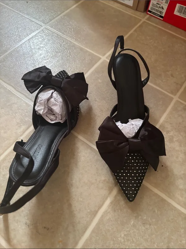 Black Studded Pointed Slingback Heels with Satin Bow Size 8.5 - Image 10