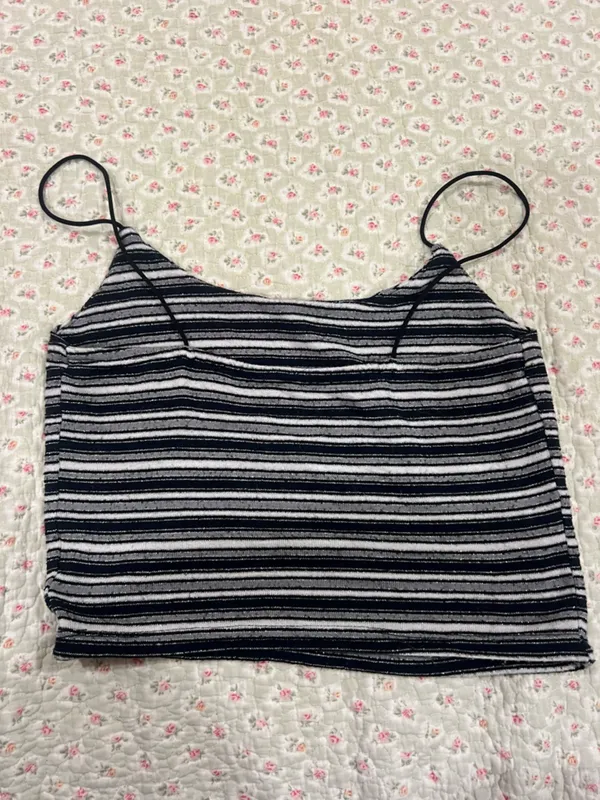 Striped Black and White Ribbed Crop Tank Top - Image 2