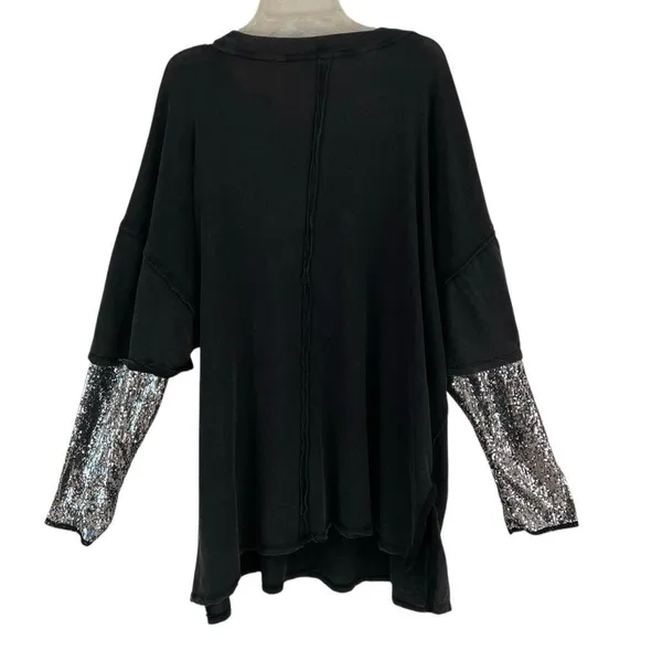 Free People Nellie Sequin Twofer‎ top Womens M black and silver oversized Grunge - Image 2