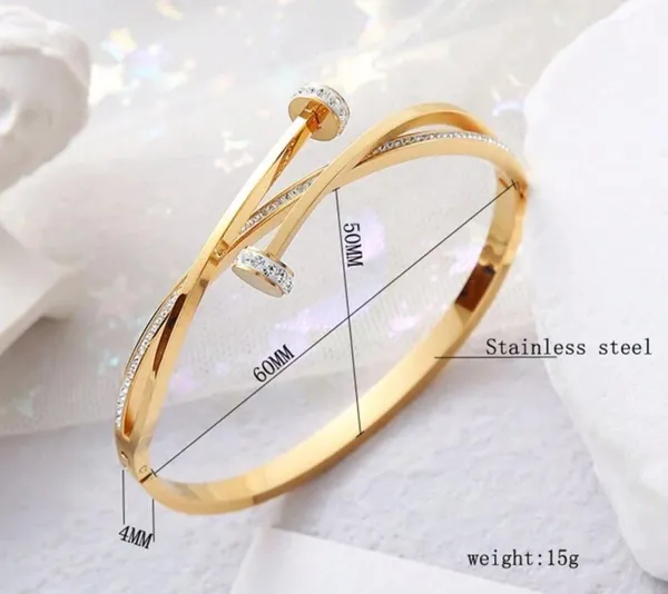 Unique Gold Nail Pattern Cross & Rhinestone Decor Stainless Steel Bracelet - Image 3