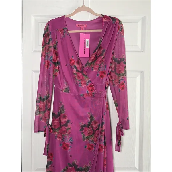 Betsey Johnson Wrap Mesh Maxi Dress‎ Womens 2 Pink Floral Rose High Low Ruffle - Image 3