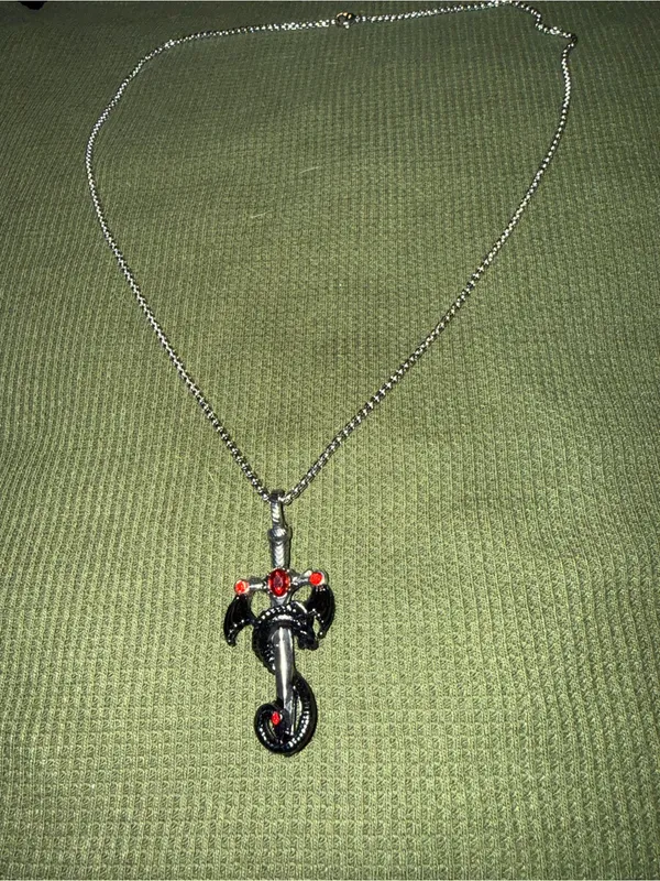 Silver Red Cross & Dragon Pendant Necklace - Image 6