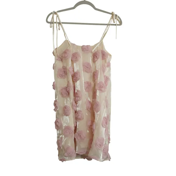 Lulus Size Medium Pink 3D Floral Rosette Mini‎ Dress Cream Tie Strap Babydoll - Image 9