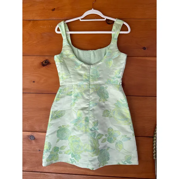 NWOT Lulus Brighter Side Light Green Floral Satin Jacquard Mini Dress Party XL - Image 4