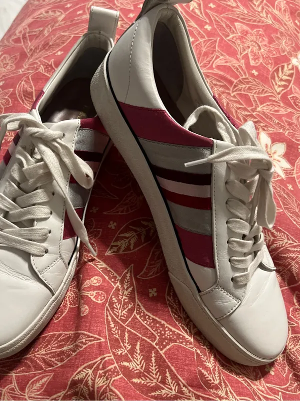 Diane Von Furstenberg White Sneakers with Pink and Red Stripes - Image 2