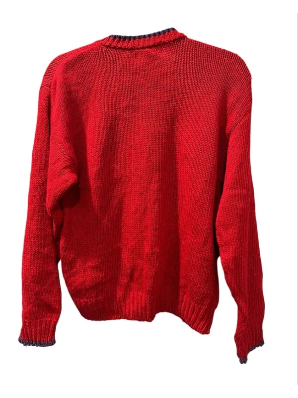 VTG Counterparts Hand Knit Bird Novelty Sweater Red Patchwork Folk Art Cotton M - Image 2