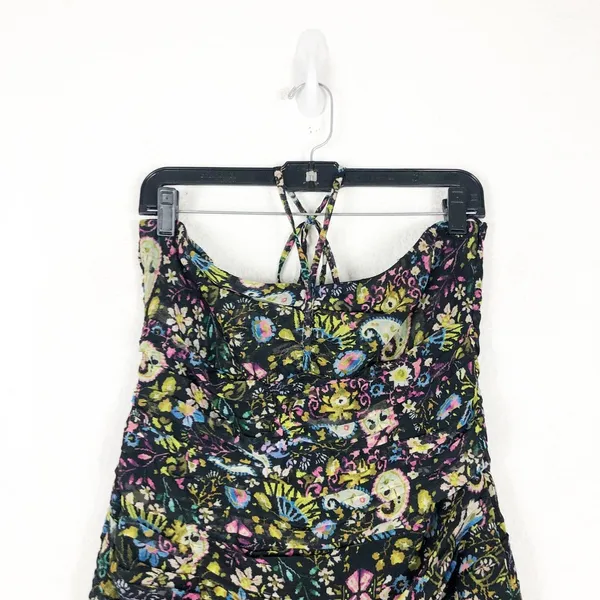 ZARA Floral Mini Dress Large Ruched Bodycon Halter Sweetheart Paisley Print - Image 4