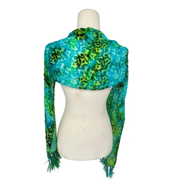 Velvet Burnout Shawl Scarf One‎ Size Silk Blend Fringe Retro Green Blue Vibrant - Image 2