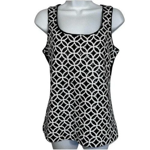 WHITE HOUSE BLACK MARKET‎ Black And White Geometric Sequin Top EUC Small - Image 2