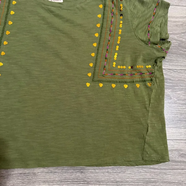 100% Cotton Women‎ Tee Size L Olive Green Embroidered Sequin Slub Crop Bohemian - Image 8