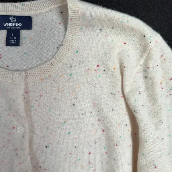 Lands End L Cardigan Sweater Cream Rainbow Speckled Cashmere Classic Button Up - Image 3