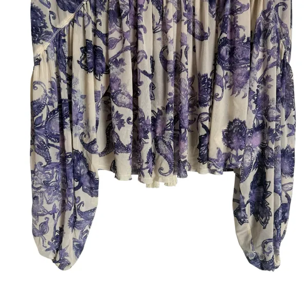 Free People Up For Anything White Blue Floral Smocked Long Sleeve Blouse - Image 5