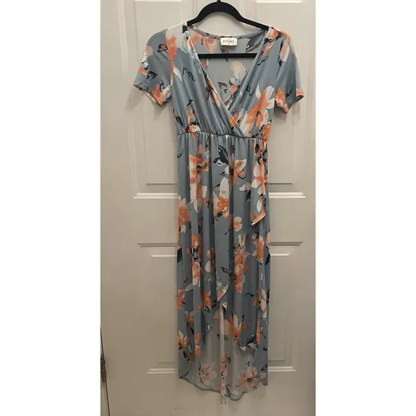 STORY Blue Summer Floral Maxi Hi Low Wrap Dress Womens S Casual‎ Party Boho - Image 2