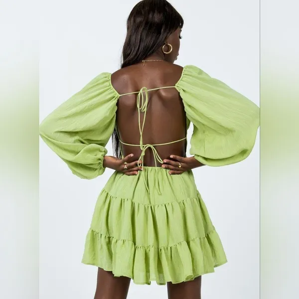 Princess Polly Green Danny Long Sleeve Open Back Tiered Fit & Flare Mini Dress 2 - Image 4