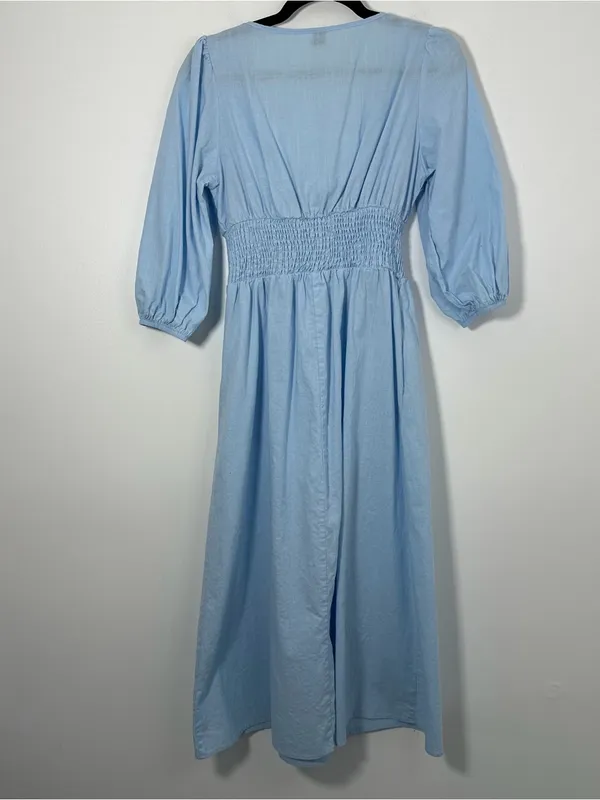 SHEIN Women’s Blue Tie Front Smocked Waist Midi Dress Size Medium 100% Cotton - Image 3