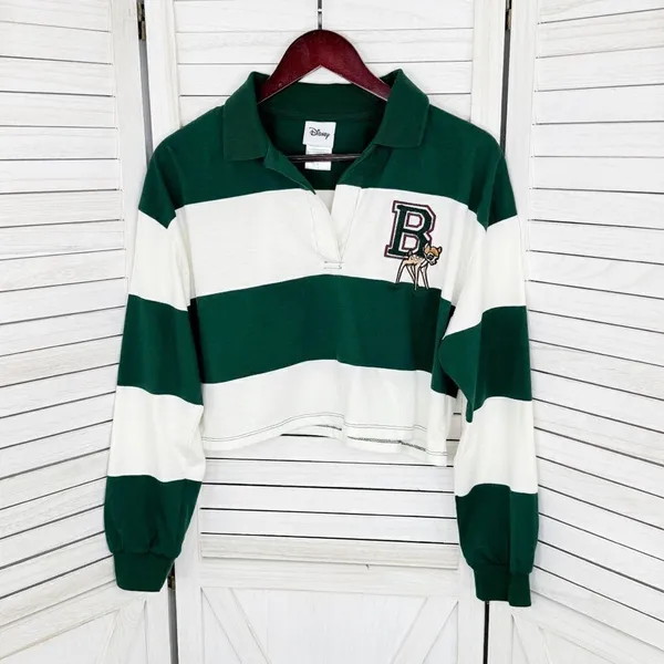 Disney Bambi Y2K Rugby Stripe‎ Cropped Polo Shirt Green White Small Long Sleeve - Image 8