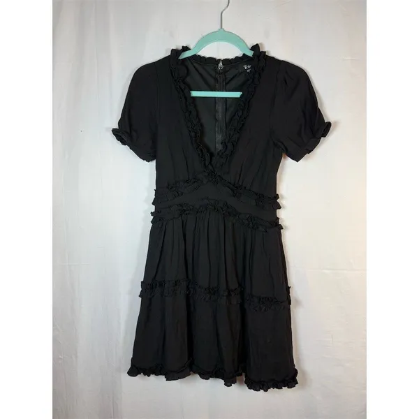 Trixxi Dress Womens Size S Black V-Neck Tiered Mini Puff Sleeve Ruffle - Image 3