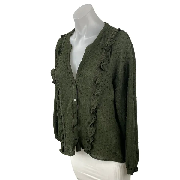 Zara Green Swiss Dots Ruffle V Neck Long Sleeve Button Up Shirt Blouse Top Sz S - Image 3