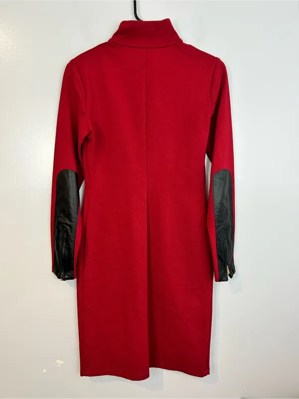 Ralph Lauren Red Mock Neck Lamb Leather Elbow Pad Sheath Bodycon Dress Size 2 - Image 2