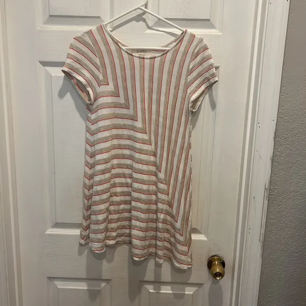 Anthropologie Puella Short Sleeve Striped Swing Tunic‎ Top Beige Medium USA Made - Image 4