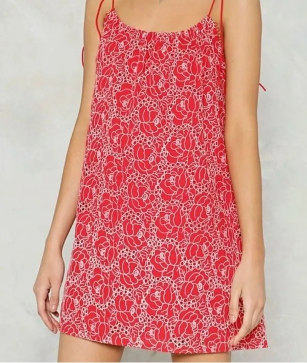 Nasty Gal Red and White Floral Eyelet Dress - Image 4