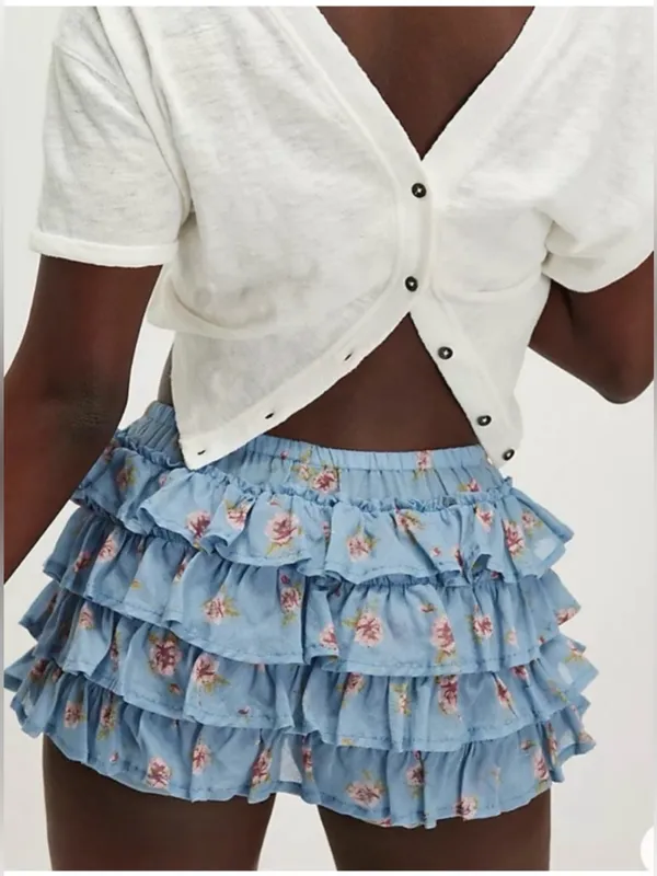 Free People Ruffle Up Bloomer Blue Floral Tiered Ruffle Shorts Mens Size M - Image 8