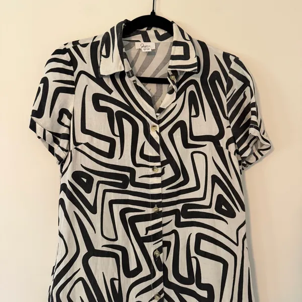 Japna Cotton Flax Linen‎ Blend Geometric Artsy Button Front Shirt Dress Size Med - Image 3