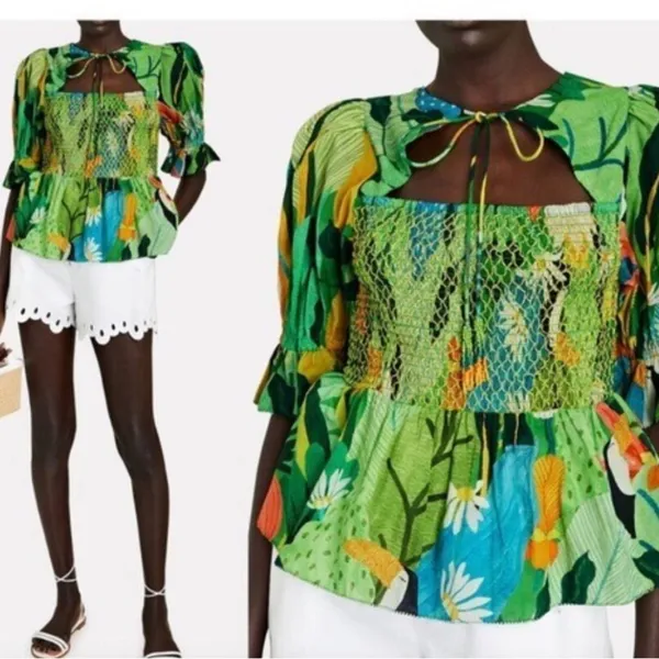 Farm Rio Vintage Toucans Smocked Peplum Top Medium - Image 4