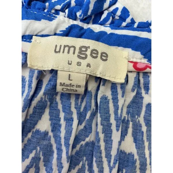 Umgee USA Blue‎ White Ikat Damask Ruffle Sleeve Midi Babydoll Dress Large B8620 - Image 5