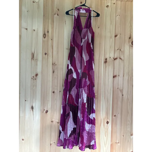 NWT Lulus Prime Poise Pink Multi Abstract Satin Halter Maxi Dress Open Back XXS - Image 2
