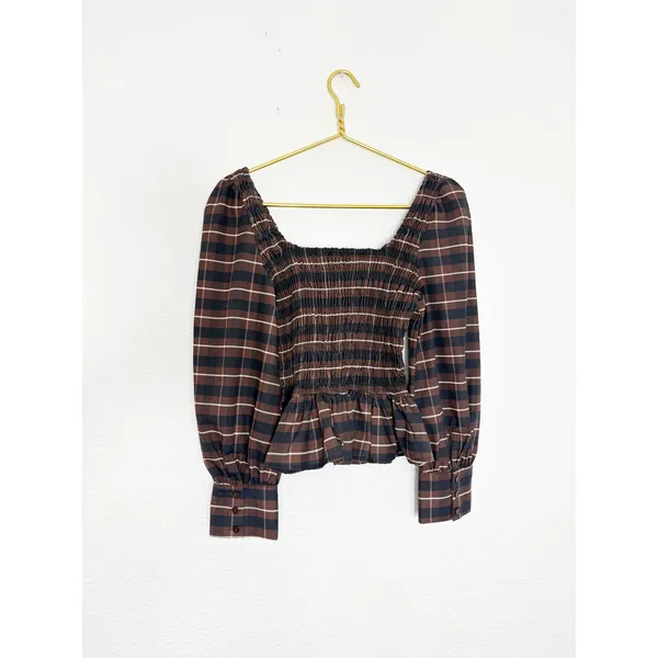 Peppermayo Joyce Long Sleeve Cotton Shirred Top Size 6 Chocolate Check Smocked - Image 12
