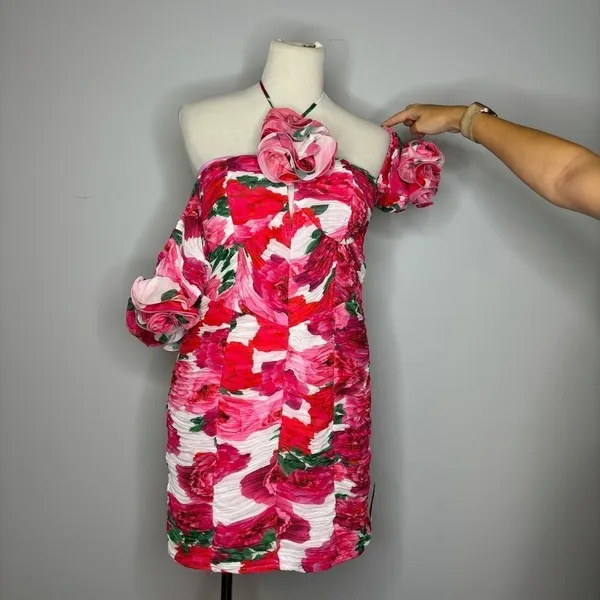 ASOS Luxe- Halter Pink Floral Ruched Mini Dress - Image 4