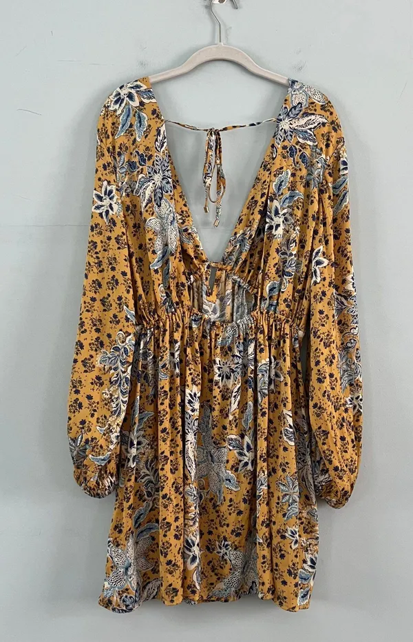 Free People NWT Soli Golden Hour Combo Yellow V-Neck Long Sleeve Mini Dress - Image 6