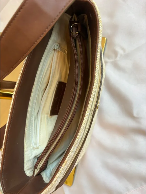 Etienne Aigner Beige Woven Shoulder Bag with Brown Leather Trim and Gold-tone Cl - Image 4