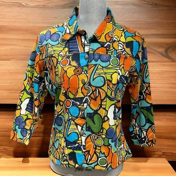 VTG Mirror Image Wearable Art Fitted Button Front Colorful Abstract Jacket - L - Image 2