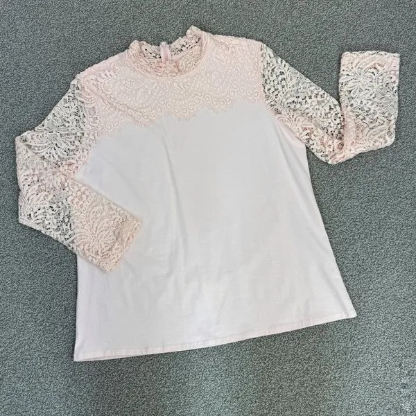 Bedford Fair Lace Sleeve Mock Neck‎ Shirt Pink Large Tee Coquette Victorian Soft - Image 13