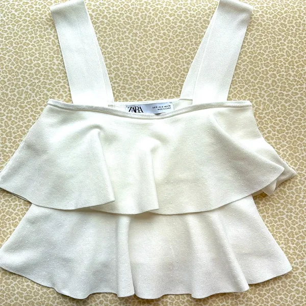 Zara White Tiered Square Neck Cropped Sweater Top - Image 2