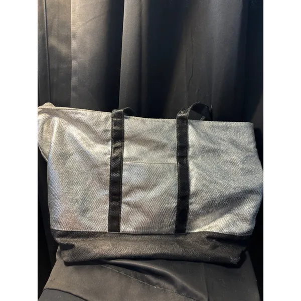 Victorias Secret Metallic Silver Black Tote Bag Large Travel Beach Gym Zip‎ Top - Image 2