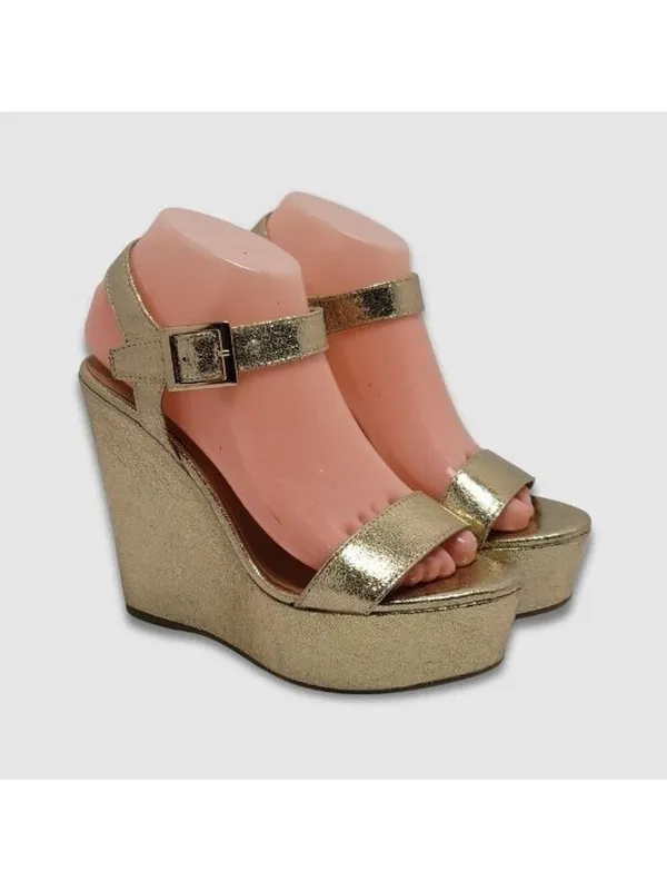 Bamboo Platform High Wedge Heels Ankle Strap Round Toe Metallic Gold Sandal Sz 8 - Image 2