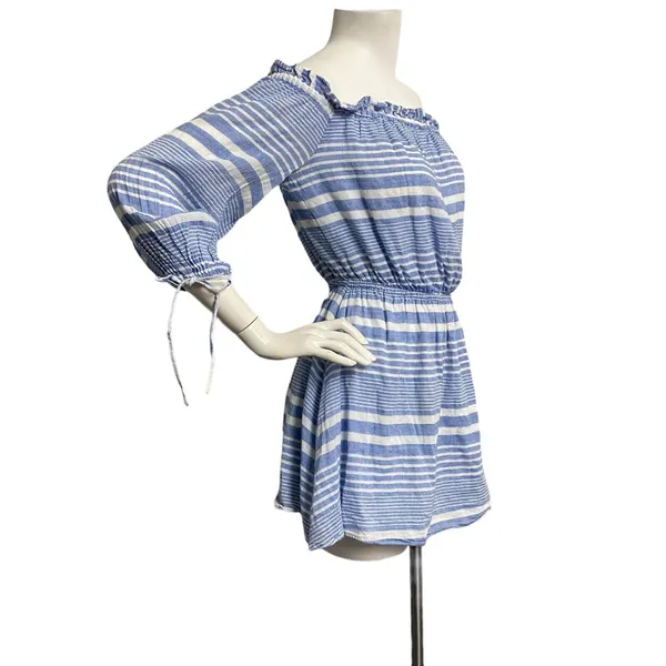 LOVERS + FRIENDS Womens XS Blue‎ White Striped Off Shoulder Nautical Mini Dress - Image 4