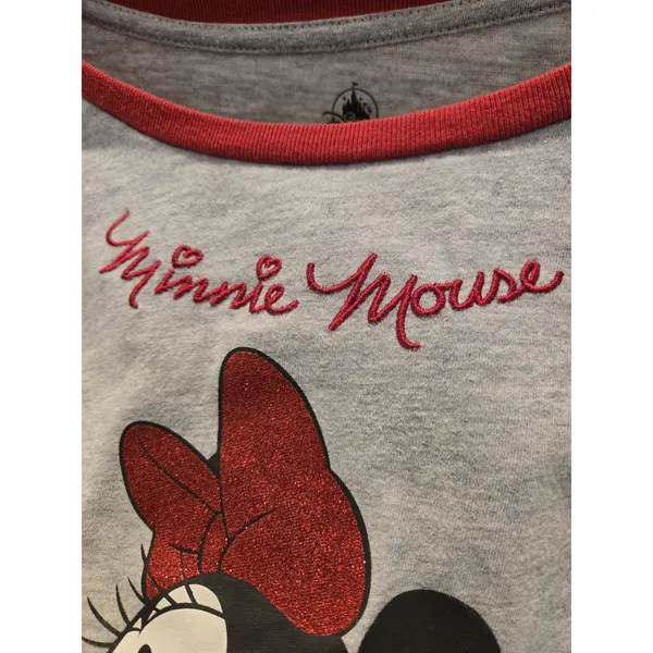 Disney Minnie Mouse Long Sleeve Ringer Shirt Womens M Grey Red Sparkle Graphic - Image 4