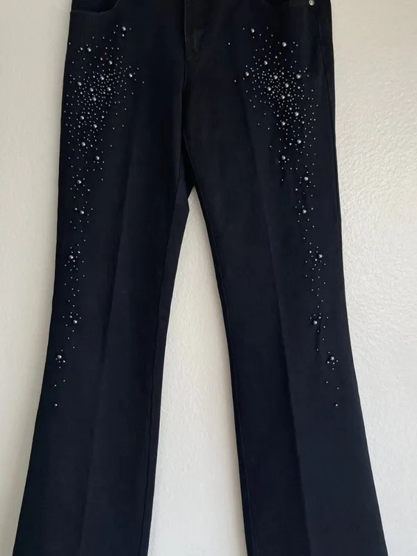Cache Embellished Flare Jeans Size 4 Y2K Faux Pearl Beaded Black Denim Pants - Image 9