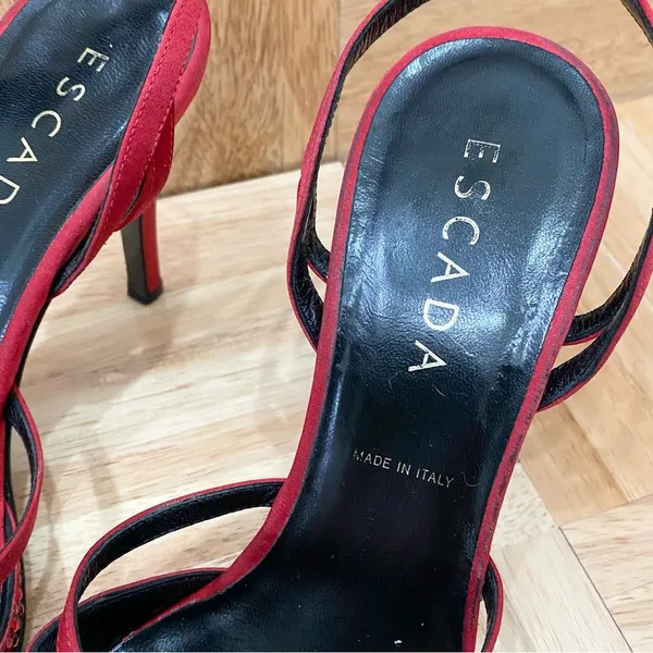 Vintage ESCADA Red Satin Embellished Pointy Toe Sling Back High Heels Pump 37 - Image 11