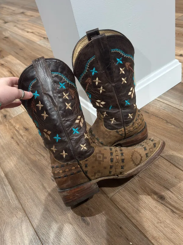 Vintage Handmade In Mexico Western Aztec Square Toe Leather Cowboy Boots | Sz 8 - Image 4